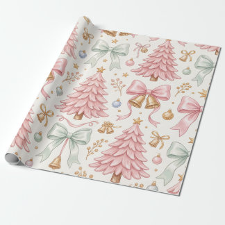 Papel De Presente Árvores de Natal Rosa Laços de Seda e Sininhos Dou
