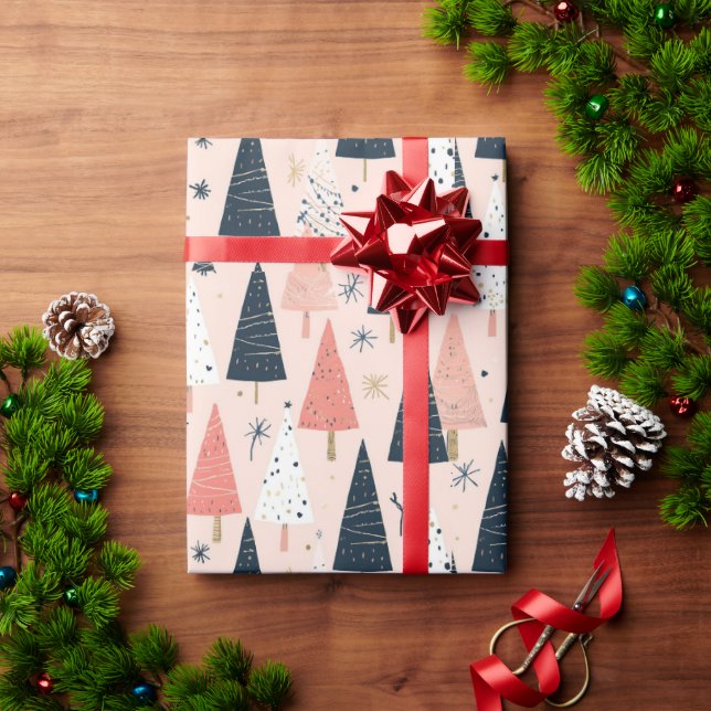 Papel De Presente Árvores de Natal Rosa Preto (Presente de Natal)