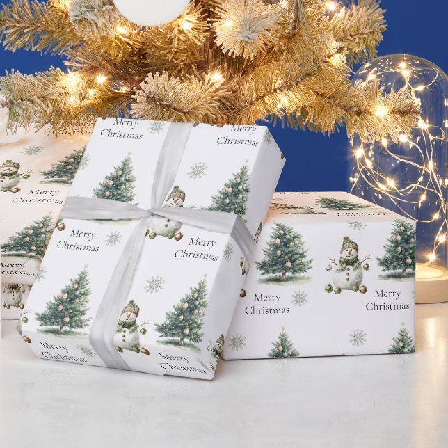 Papel De Presente Árvores de Natal Rustic Green Douradas Cream Snowm (Feriados)