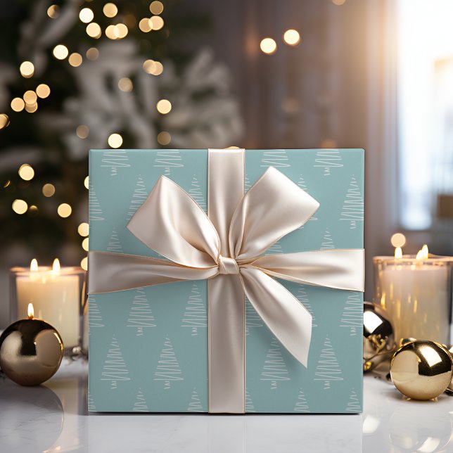 Papel De Presente Árvores De Natal Simples, Azul-Verde E Branco (Simple Pale Blue-Green And White Christmas Trees Wrapping Paper)