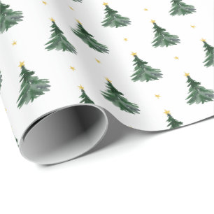 Papel De Presente Árvores de Natal Simples em Aquarela Estrelas Dour