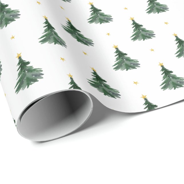 Papel De Presente Árvores de Natal Simples em Aquarela Estrelas Dour (Ponta do rolo)