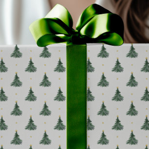 Papel De Presente Árvores de Natal Simples em Aquarela Estrelas Dour
