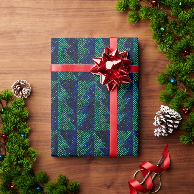 Papel De Presente Árvores de Natal verdes e azuis. (Presente de Natal)