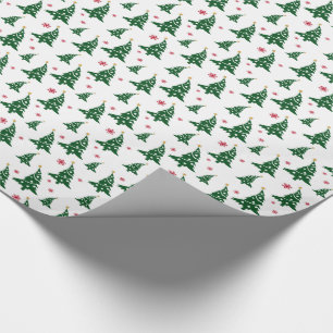 Papel De Presente Árvores de Natal Verdes e Flocos de Neve Vermelhos
