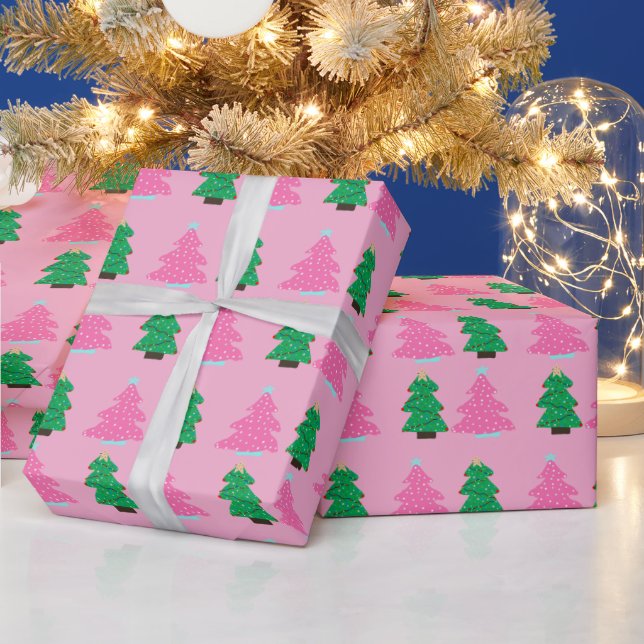 Papel De Presente Árvores de Natal Verdes e Rosas (Feriados)