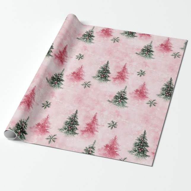 Papel De Presente Árvores de Natal Verdes Rosa (Desenrolado)
