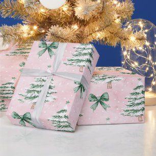 Papel De Presente Árvores de Natal Verdes Rosa-Chic