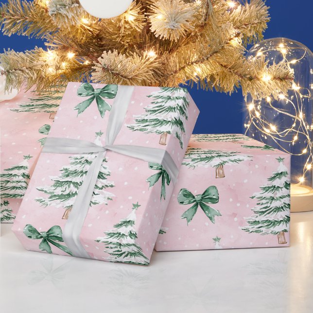 Papel De Presente Árvores de Natal Verdes Rosa-Chic (Feriados)