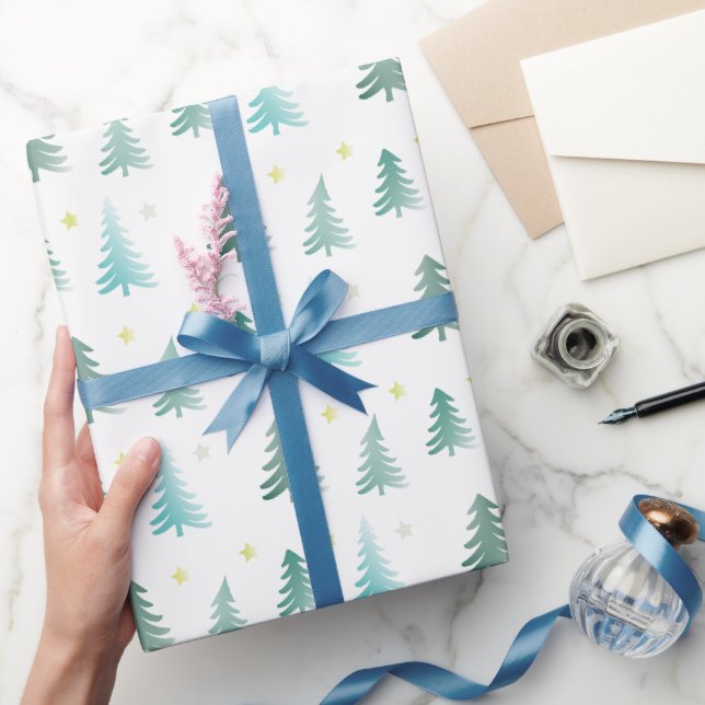 Papel De Presente Árvores de Natal verdes sutis (Presentear)