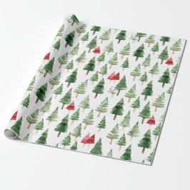Papel De Presente Árvores de Natal Verdes Vermelhas