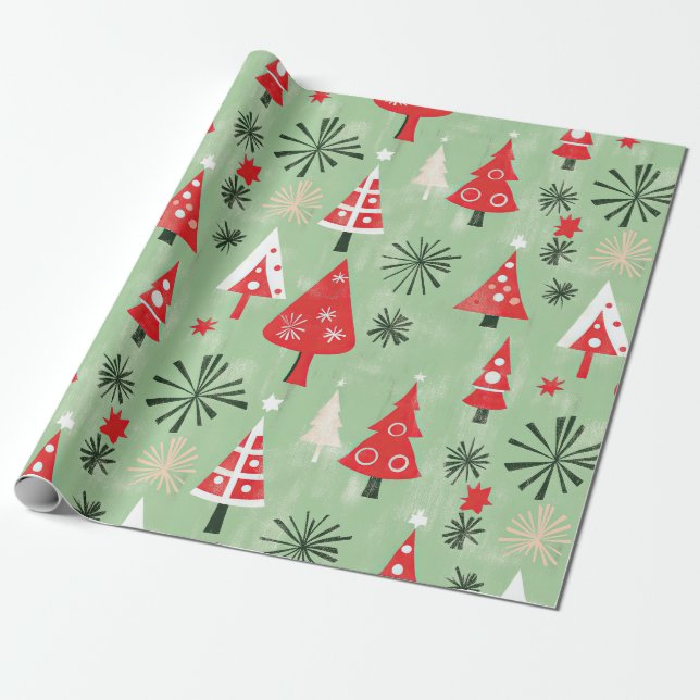 Papel De Presente Árvores de Natal Verdes Vermelhas (Desenrolado)