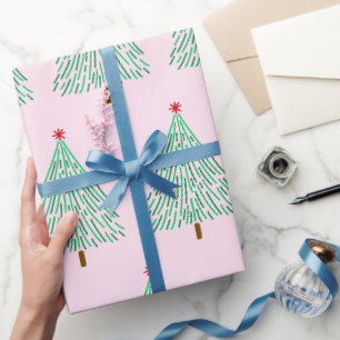 Papel De Presente Árvores de Natal verdes vermelhas rosas simples