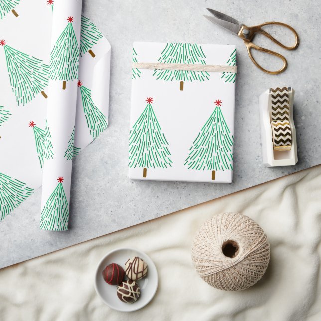 Papel De Presente Árvores de Natal verdes vermelhas simples (Artesanato)