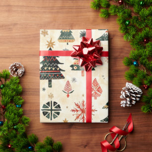 Papel De Presente Árvores de Natal Verdes Vermelhos do Creme