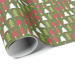 Papel De Presente Árvores de Natal Vermelhas Brancas e Verdes