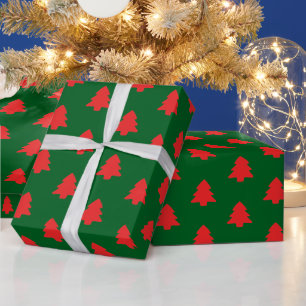 Papel De Presente Árvores de Natal Vermelhas Simples em Verde Escuro