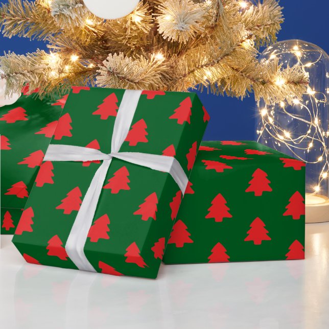 Papel De Presente Árvores de Natal Vermelhas Simples em Verde Escuro (Feriados)