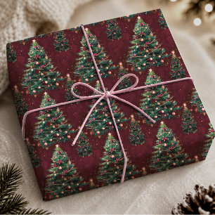 Papel De Presente Árvores de Natal Vermelho Escuro Fofas e Sedutoras