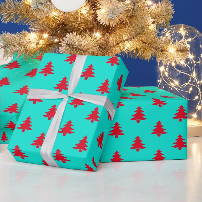 Papel De Presente Árvores De Natal Vermelhos E Aqua (Feriados)