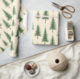 Papel De Presente Árvores de Pinheiro Bege Natividade em Aquarela Na