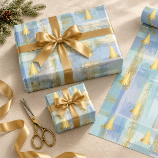 Papel De Presente Árvores de Pinheiro Douradas de Natal & Xadrez de