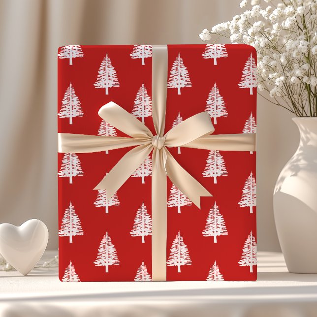 Papel De Presente Árvores de Pinheiro Vermelhas e Brancas de Natal (Criador carregado)