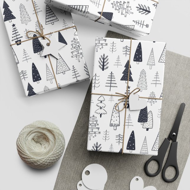 Papel De Presente Árvores de Pinheiros Florestais Selvagens de Natal (Modern Doodle Christmas Wild Forest Pine Trees Wrapping Paper:)