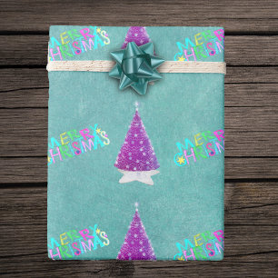 Papel De Presente Árvores de Prata Rosa Coloridas Feliz Teal de Nata