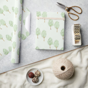 Papel De Presente Árvores Delicadas em Aquarela em Verde Claro 