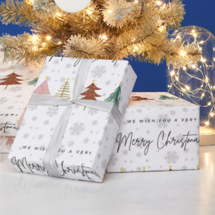 Papel De Presente Árvores e flocos de neve agudos com script moderno