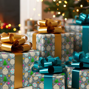 Papel De Presente Árvores E Ornamentos De Natal Desenhados Em Prata