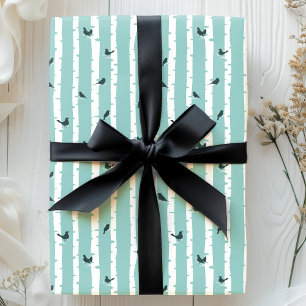 Papel De Presente Árvores e Pássaros Azul Chic Bonito Bétula
