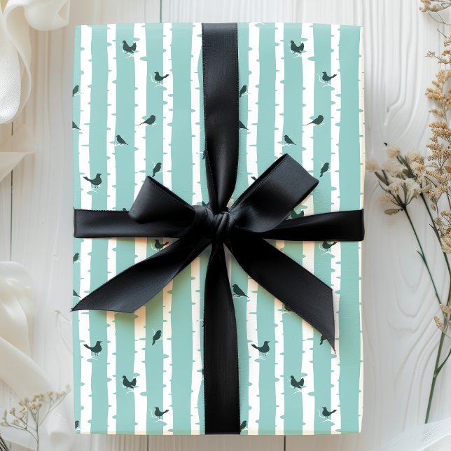 Papel De Presente Árvores e Pássaros Azul Chic Bonito Bétula (Criador carregado)