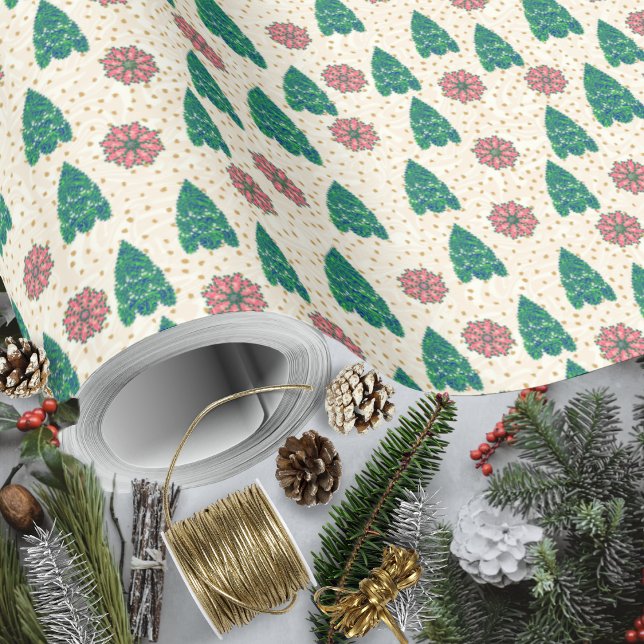 Papel De Presente Árvores e Poinsettias de Patchwork de Natal (Christmas Patchwork Trees and Poinsettias Wrapping Paper Rolls by Leapfroglisics Shop)