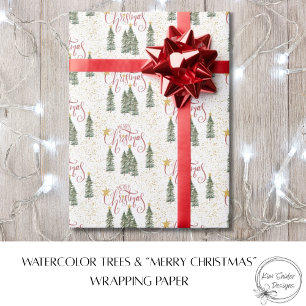 Papel De Presente Árvores em Aquarela e Feliz Natal