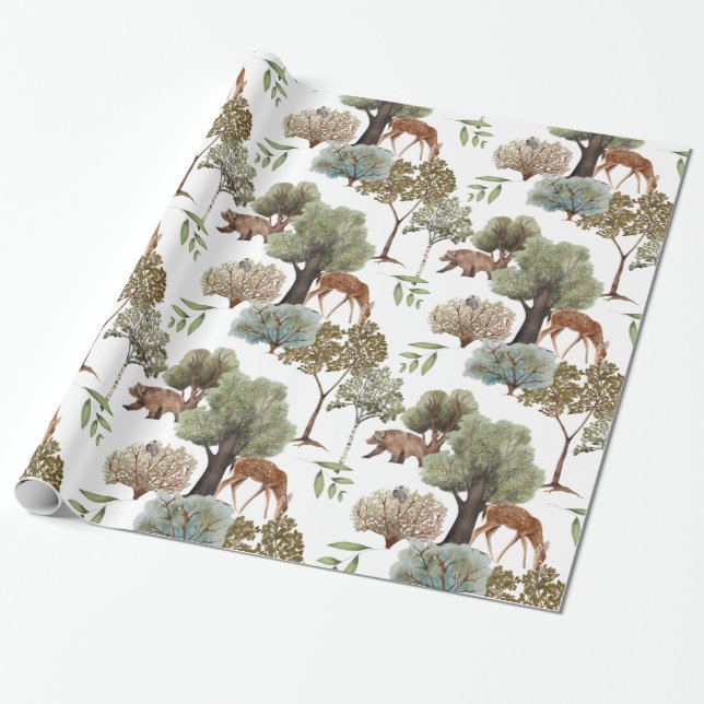 Papel De Presente Árvores Florestais Veados Ursos Pássaros (Desenrolado)