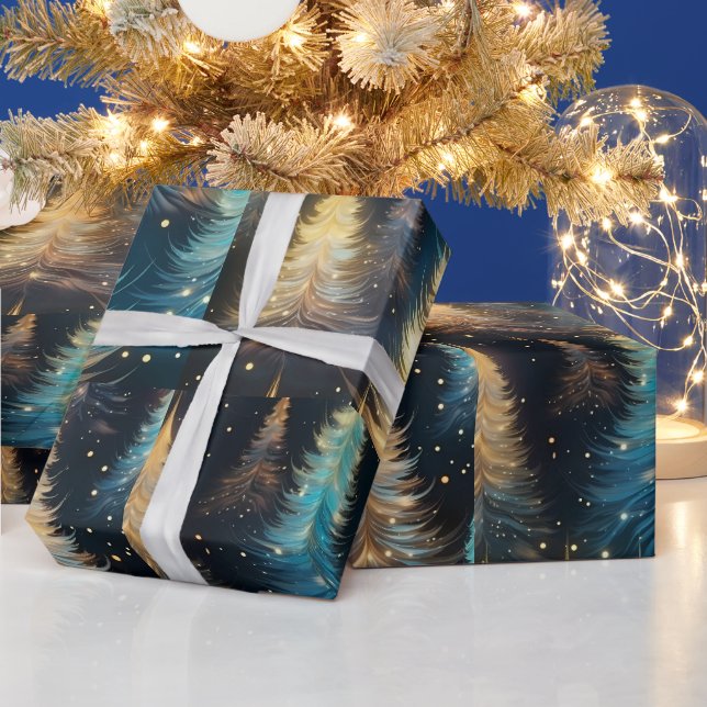 Papel De Presente Árvores Modernas de Natal Azul Branco Dourado (Feriados)