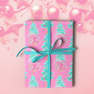 Papel De Presente Árvores Presentes de Natal rosa e mint