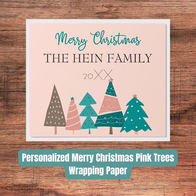 Papel De Presente Árvores Rosa de Natal Personalizadas (Personalized Merry Christmas Pink Trees Wrapping Paper)