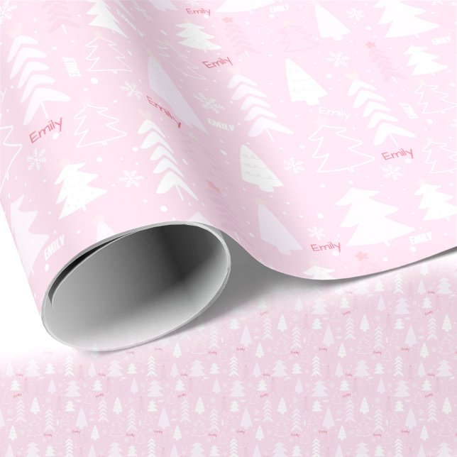 Papel De Presente Árvores rosa Nome do inverno Texto Natal (Pink Trees Winter Name Text Christmas Wrapping Paper)