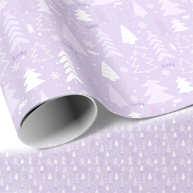 Papel De Presente Árvores Roxas Nome de inverno Papel de enrolamento (Purple Trees Winter Name Christmas Wrapping Paper)