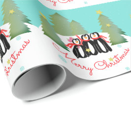 Papel De Presente Árvores Verdes Douradas Estrelas e Pinguins