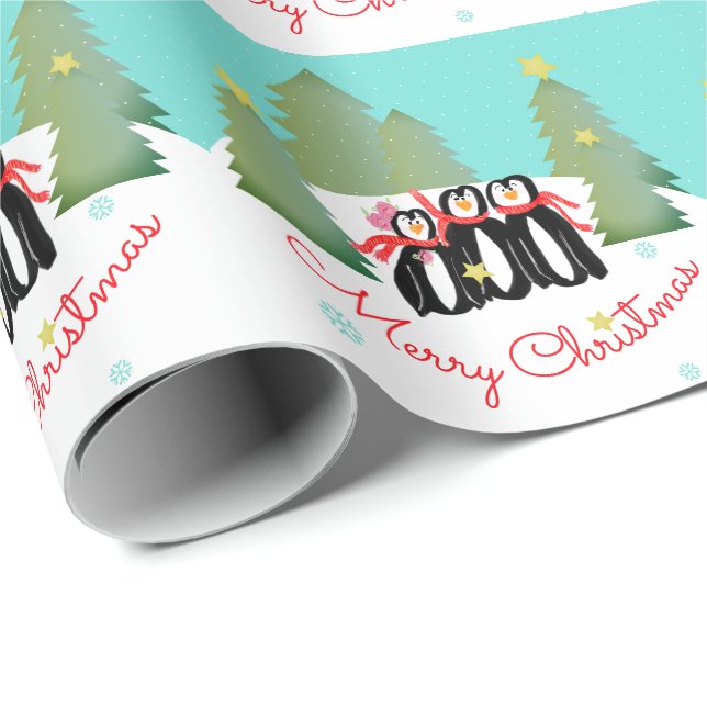 Papel De Presente Árvores Verdes Douradas Estrelas e Pinguins (Ponta do rolo)