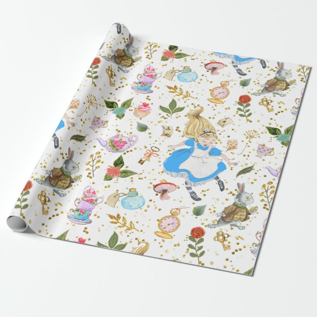 Papel De Presente As Aventuras de Alice Whimsical em Wonderland Glit (Desenrolado)