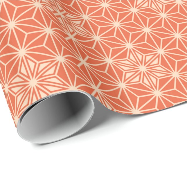 Papel De Presente Asanoha japonesa ou padrão estelar, laranja-coral (Ponta do rolo)