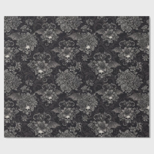 Papel De Presente Asas Góticas de Crânios Damask Floral Escuro