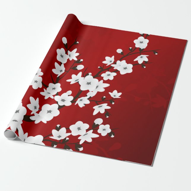 Papel De Presente Asia Floral Red Cherry Blossoms (Desenrolado)
