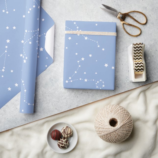 Papel De Presente Astrologia Azul Pastel Estrelas Constelação Branco (Artesanato)