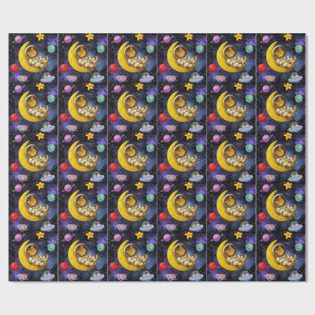 Papel De Presente Astronauta Gato Dormindo na Lua (Aberto)